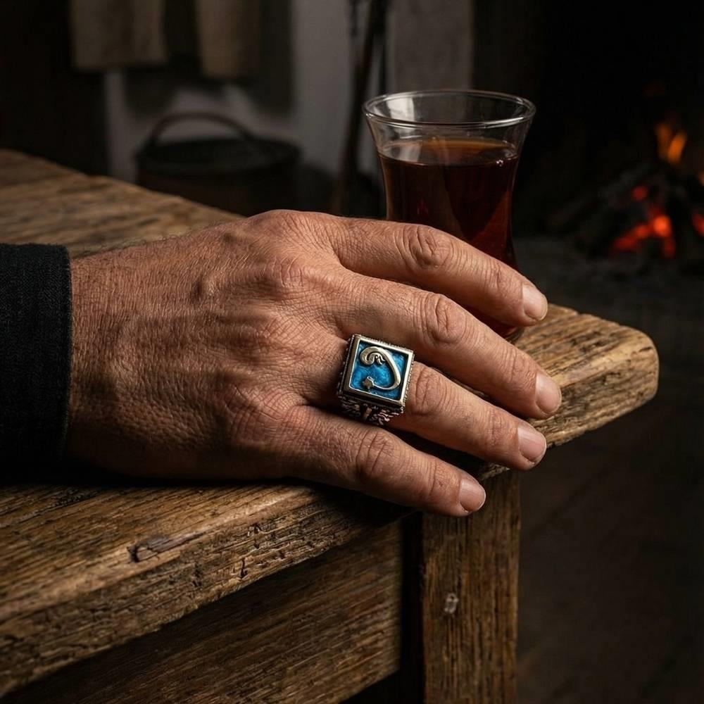Vav Mineli Kare Gümüş YüzükAlep Waw Ring