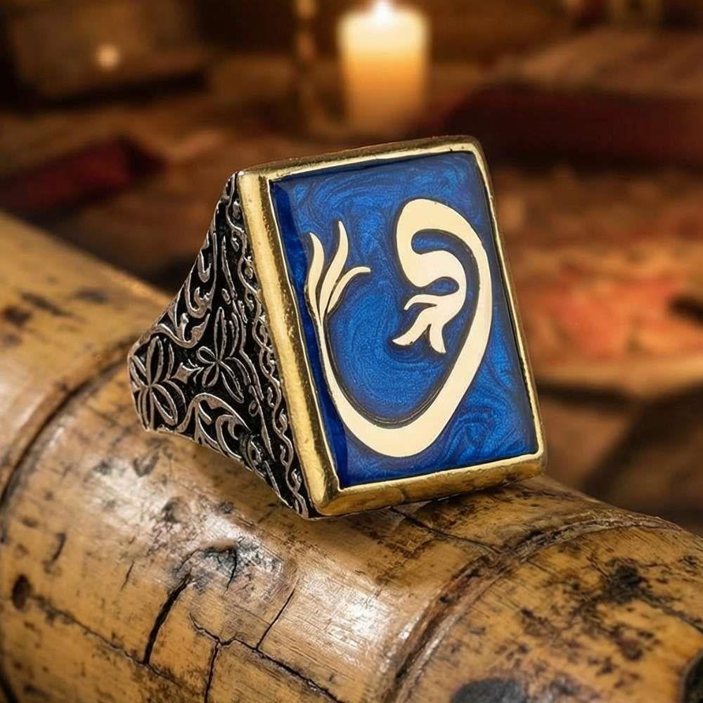 Vav Motifli Mavi Mineli Gümüş YüzükAlep Waw Ring