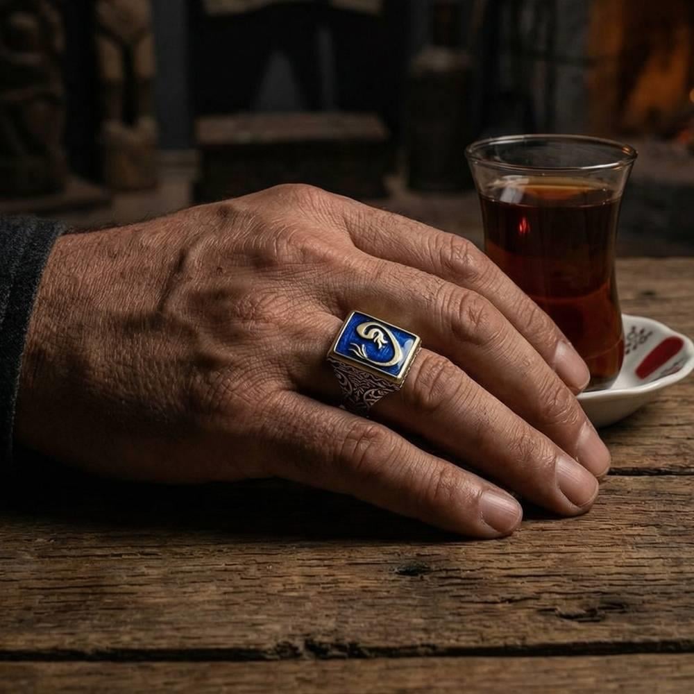 Vav Motifli Mavi Mineli Gümüş YüzükAlep Waw Ring