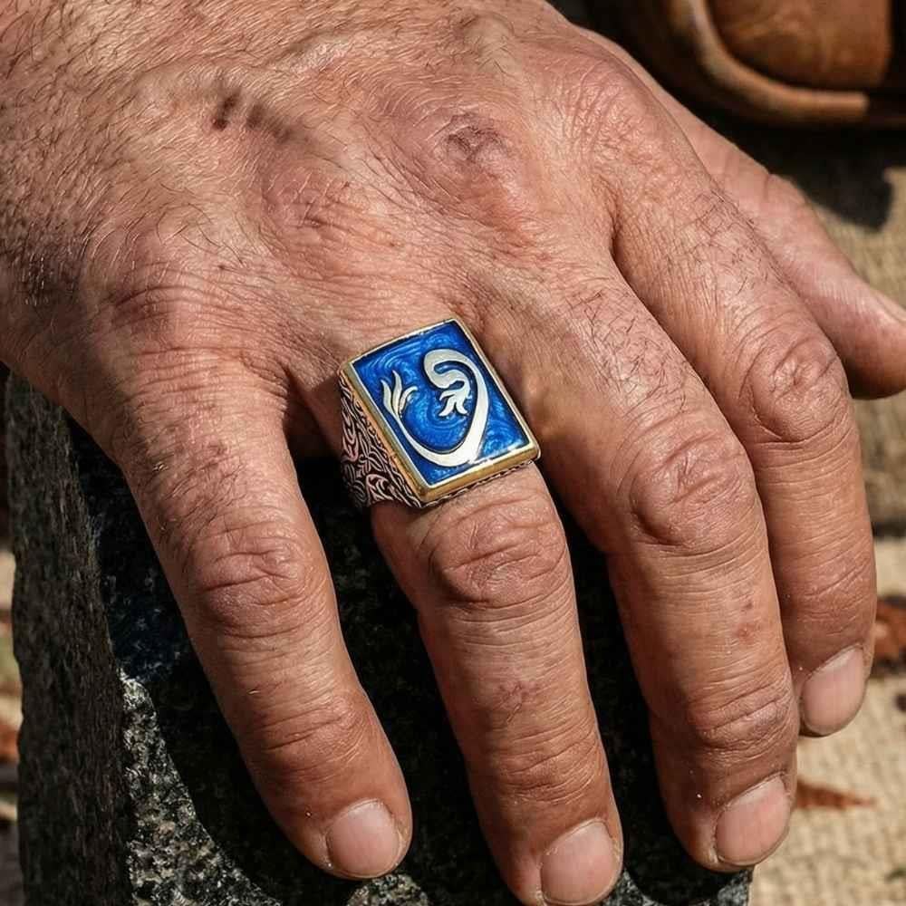 Vav Motifli Mavi Mineli Gümüş YüzükAlep Waw Ring