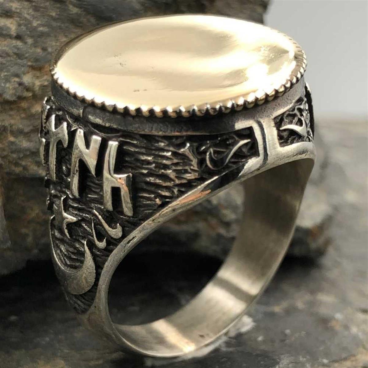 Yanları Ay Yıldız İşlemeli Kişiye Özel Erkek Gümüş Yüzük