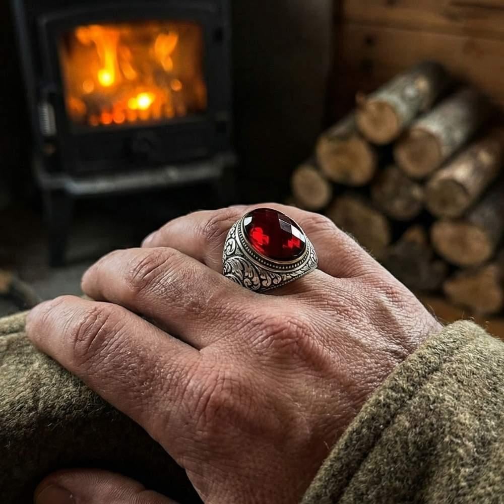 Yanları Kalem Motifli Kırmızı Zirkon Taşlı Gümüş Erkek YüzükZirkon Taşlı Yüzükler