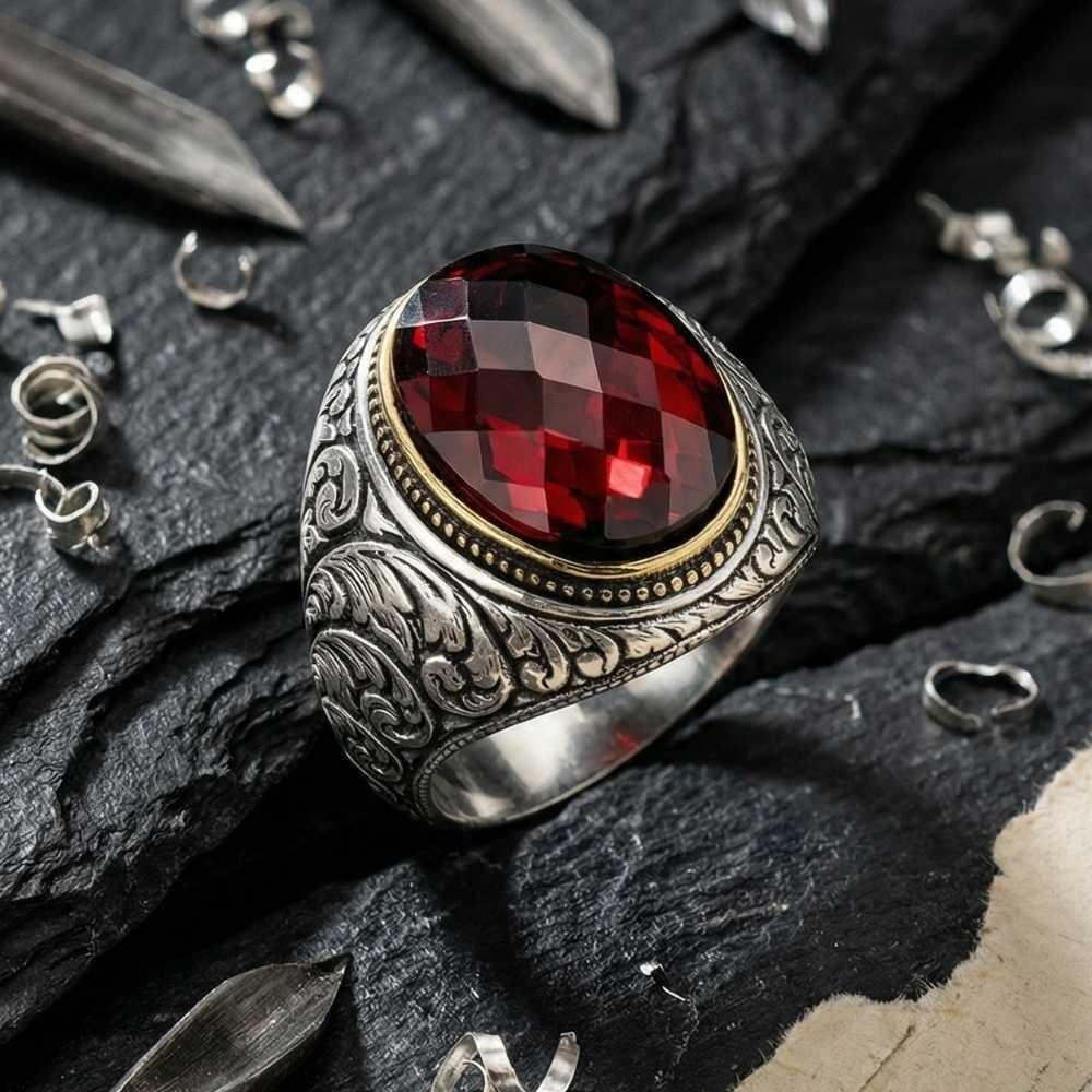 Yanları Kalem Motifli Kırmızı Zirkon Taşlı Gümüş Erkek YüzükZirkon Taşlı Yüzükler