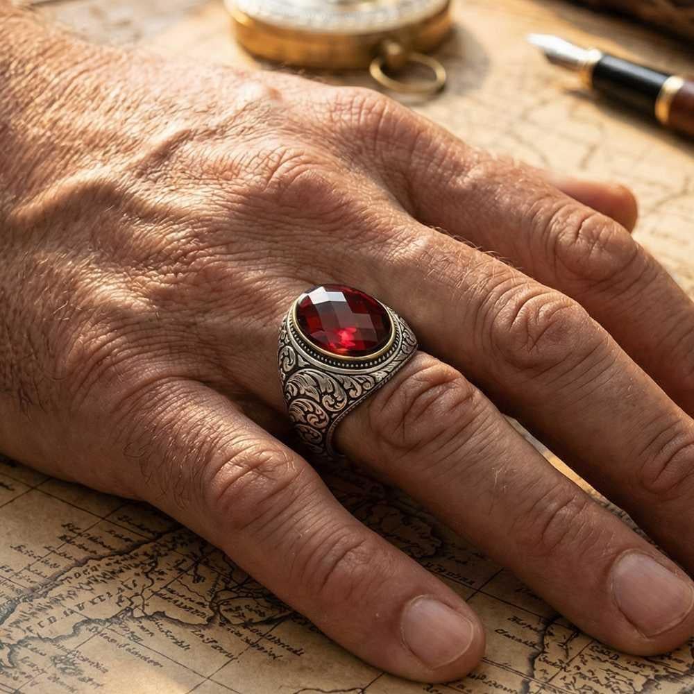 Yanları Kalem Motifli Kırmızı Zirkon Taşlı Gümüş Erkek YüzükZirkon Taşlı Yüzükler