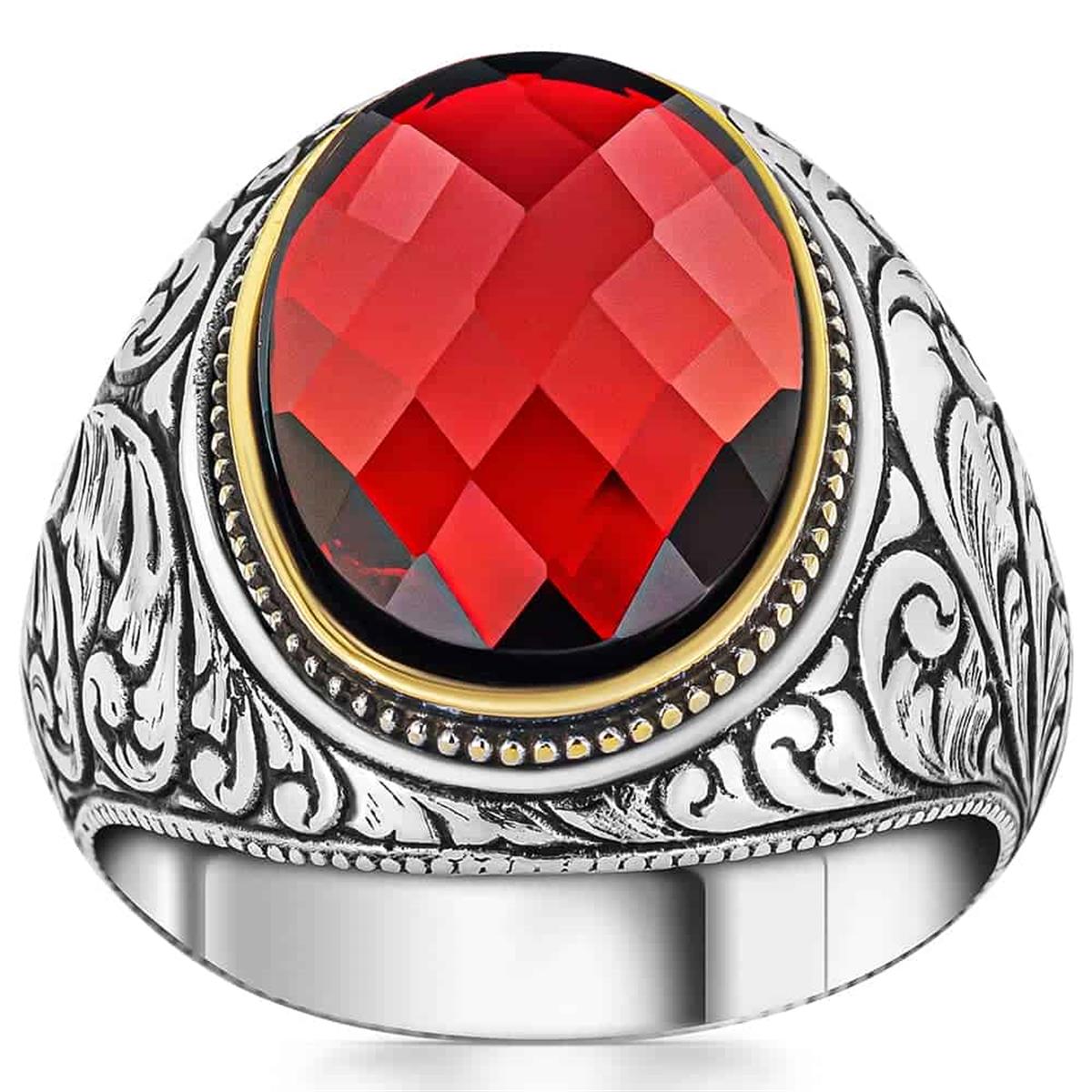 Yanları Kalem Motifli Kırmızı Zirkon Taşlı Gümüş Erkek Yüzük