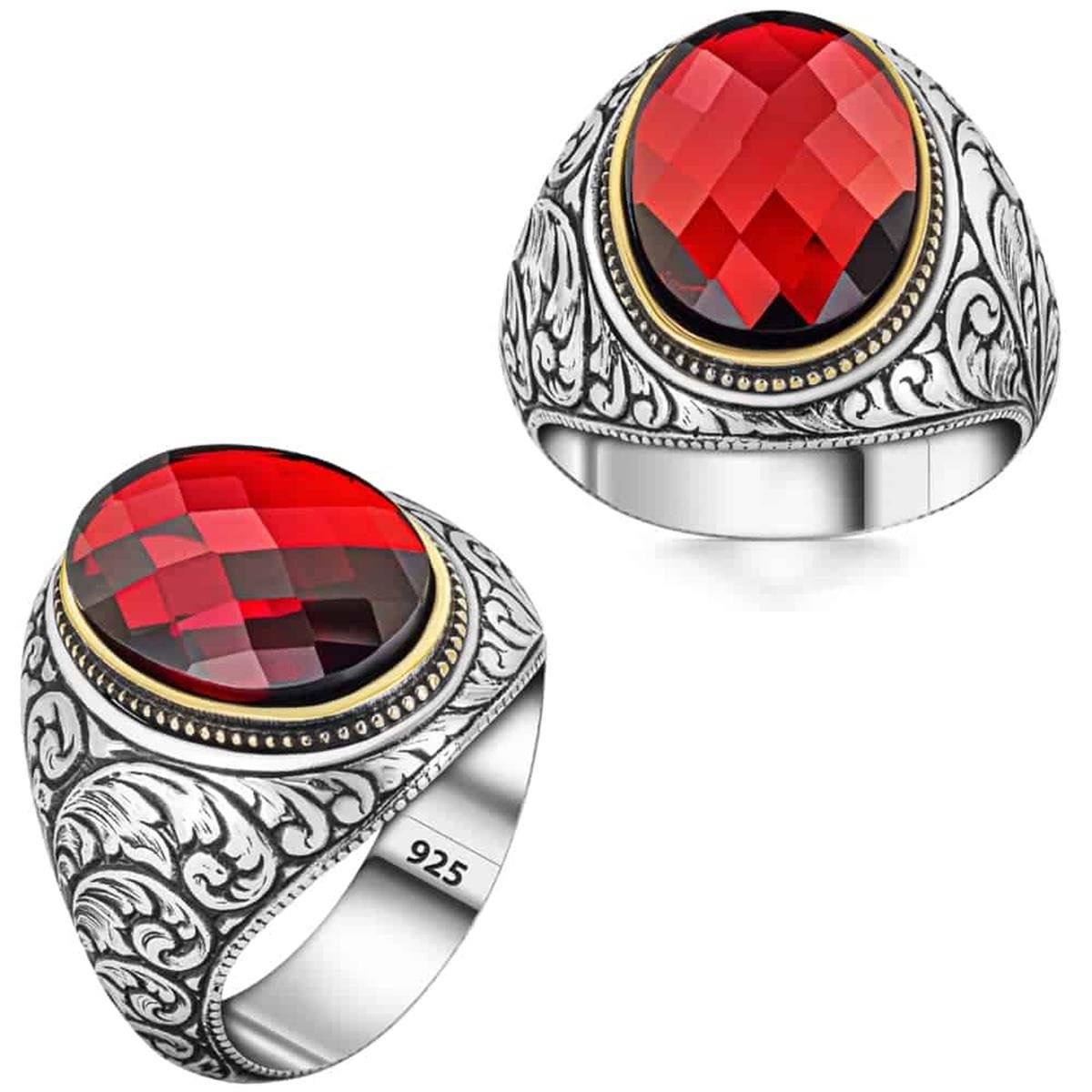 Yanları Kalem Motifli Kırmızı Zirkon Taşlı Gümüş Erkek Yüzük