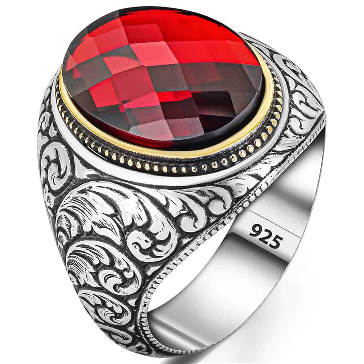 Yanları Kalem Motifli Kırmızı Zirkon Taşlı Gümüş Erkek Yüzük