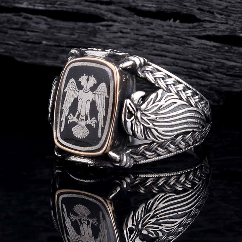 Yanları Kartal Desenli Çift Başlı Kartal Gümüş YüzükÇift Başlı Kartal Selçuklu Yüzük