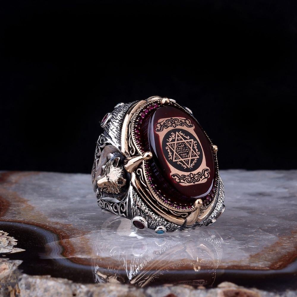 Yanları Kurt İşlemeli Mührü Süleyman Gümüş Yüzük