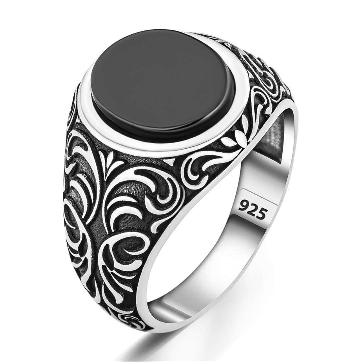 Yanları Osmanlı Motifli Oniks Taşlı Gümüş Yüzük