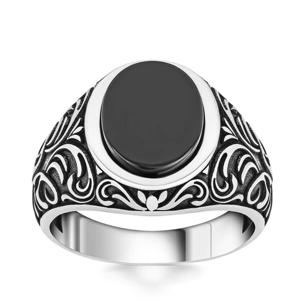 Yanları Osmanlı Motifli Oniks Taşlı Gümüş Yüzük