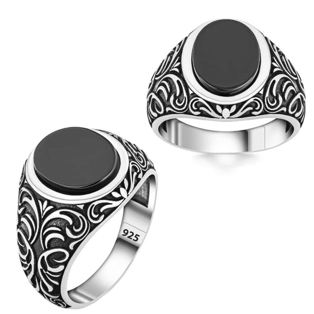 Yanları Osmanlı Motifli Oniks Taşlı Gümüş Yüzük