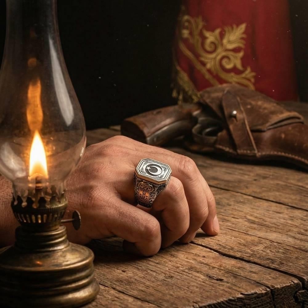 Yanları Tuğla Desen Ay Yıldız Gümüş YüzükAy Yıldız Yüzükler