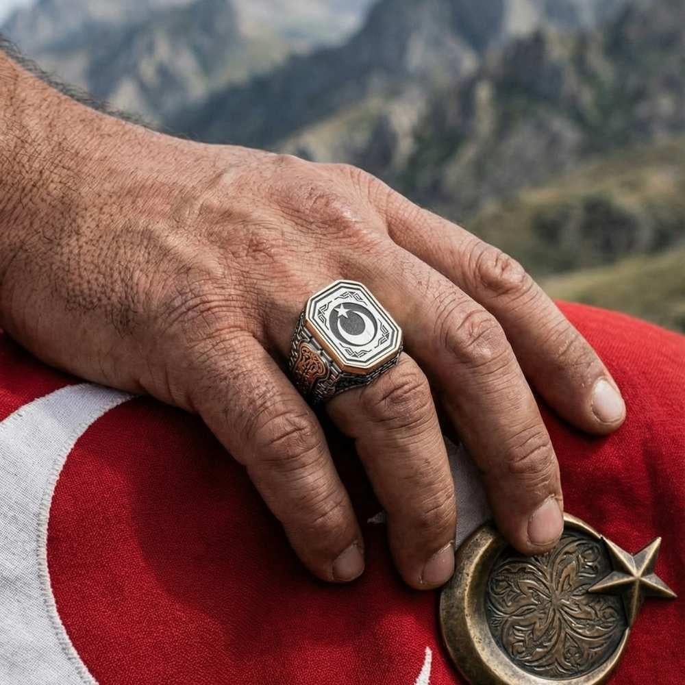 Yanları Tuğla Desen Ay Yıldız Gümüş YüzükAy Yıldız Yüzükler