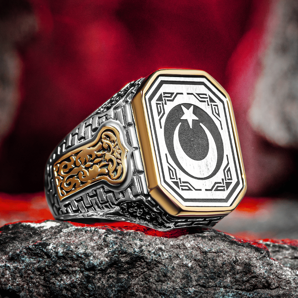 Yanları Tuğla Desen Ay Yıldız Gümüş Yüzük