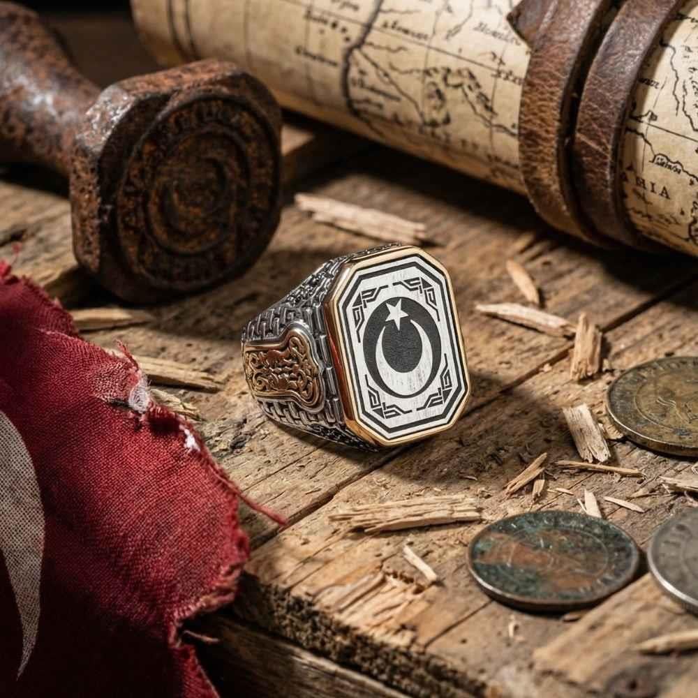 Yanları Tuğla Desen Ay Yıldız Gümüş YüzükAy Yıldız Yüzükler