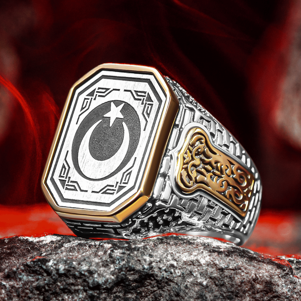 Yanları Tuğla Desen Ay Yıldız Gümüş Yüzük