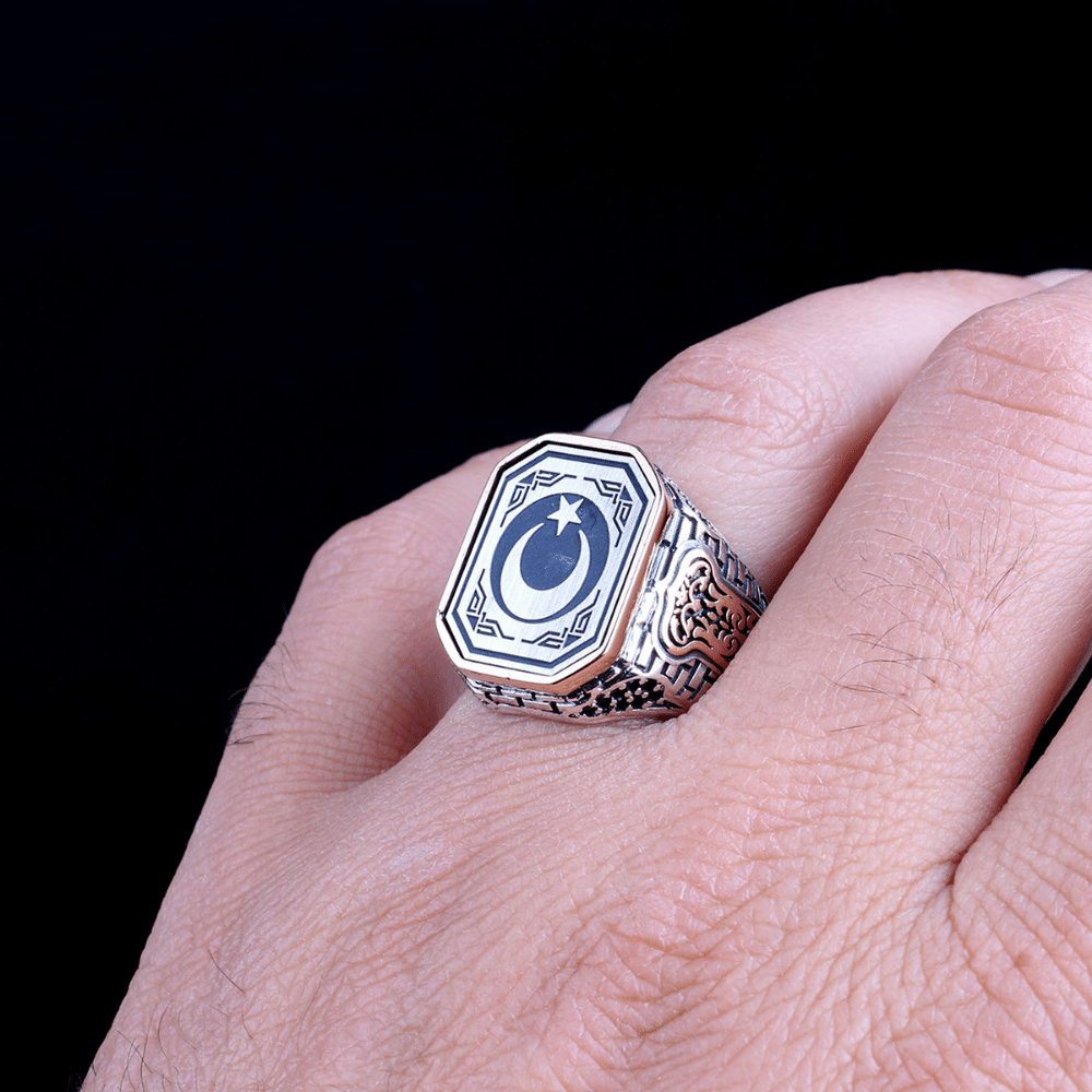 Yanları Tuğla Desen Ay Yıldız Gümüş Yüzük