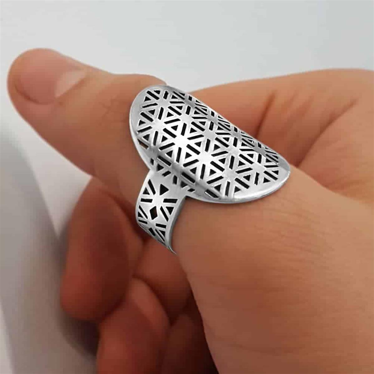 Yaşam Geometrisi Desenli Başparmak Gümüş Yüzük