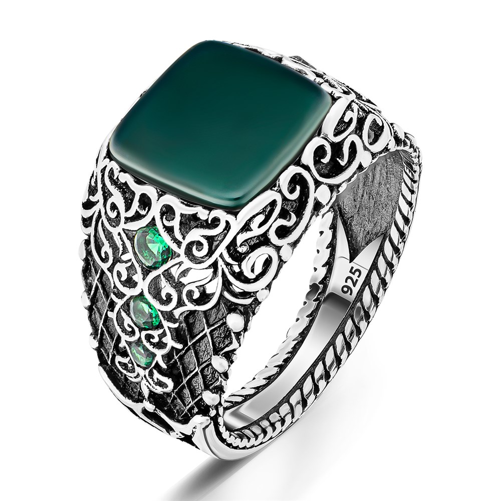 Yeşil Akik Taşlı Yanları Zirkon Taş Detaylı Gümüş Erkek Yüzük