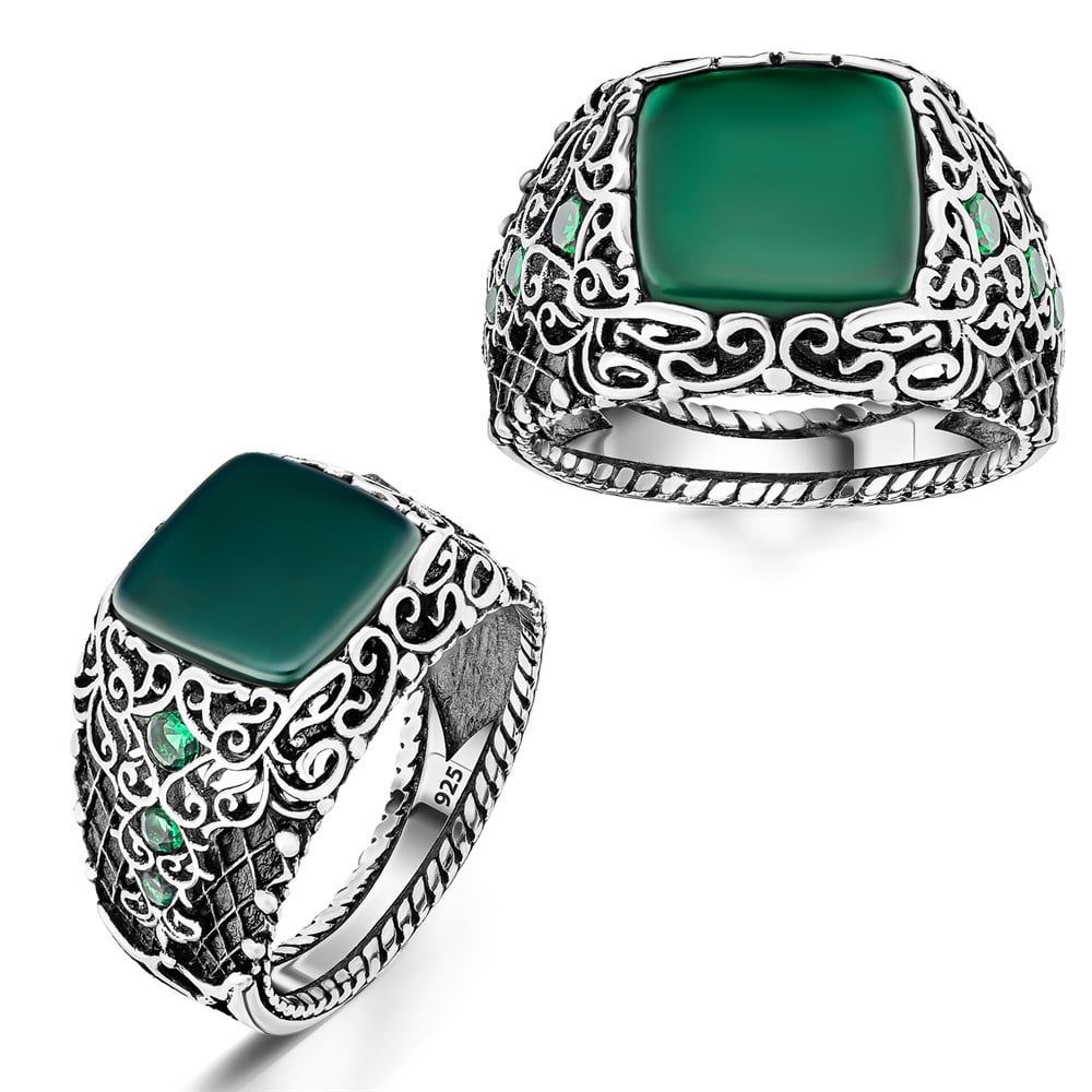 Yeşil Akik Taşlı Yanları Zirkon Taş Detaylı Gümüş Erkek Yüzük