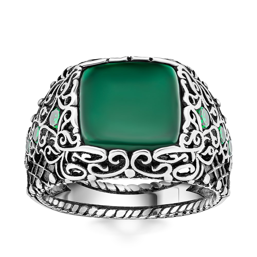 Yeşil Akik Taşlı Yanları Zirkon Taş Detaylı Gümüş Erkek Yüzük