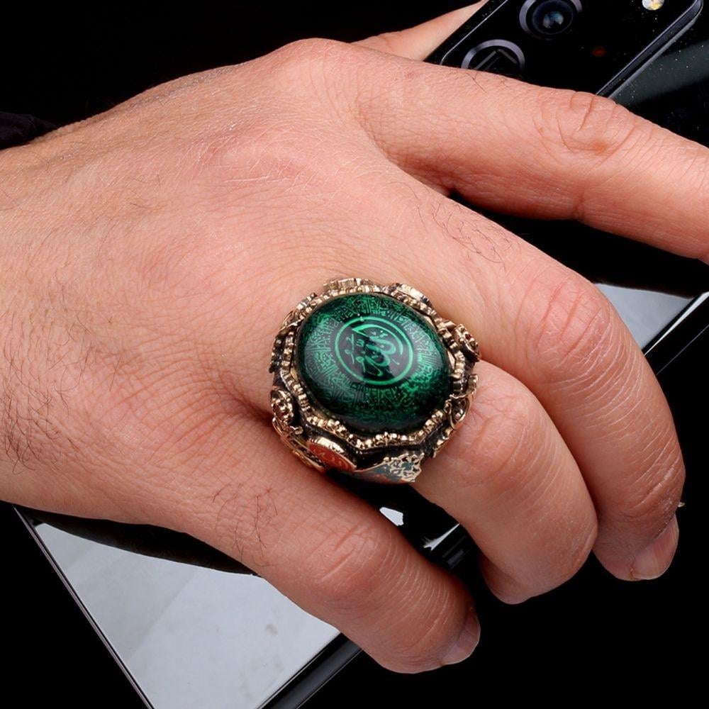 Yeşil Ayetel Kürsi İşlemeli Gümüş YüzükAyetel Kürsi Yüzük