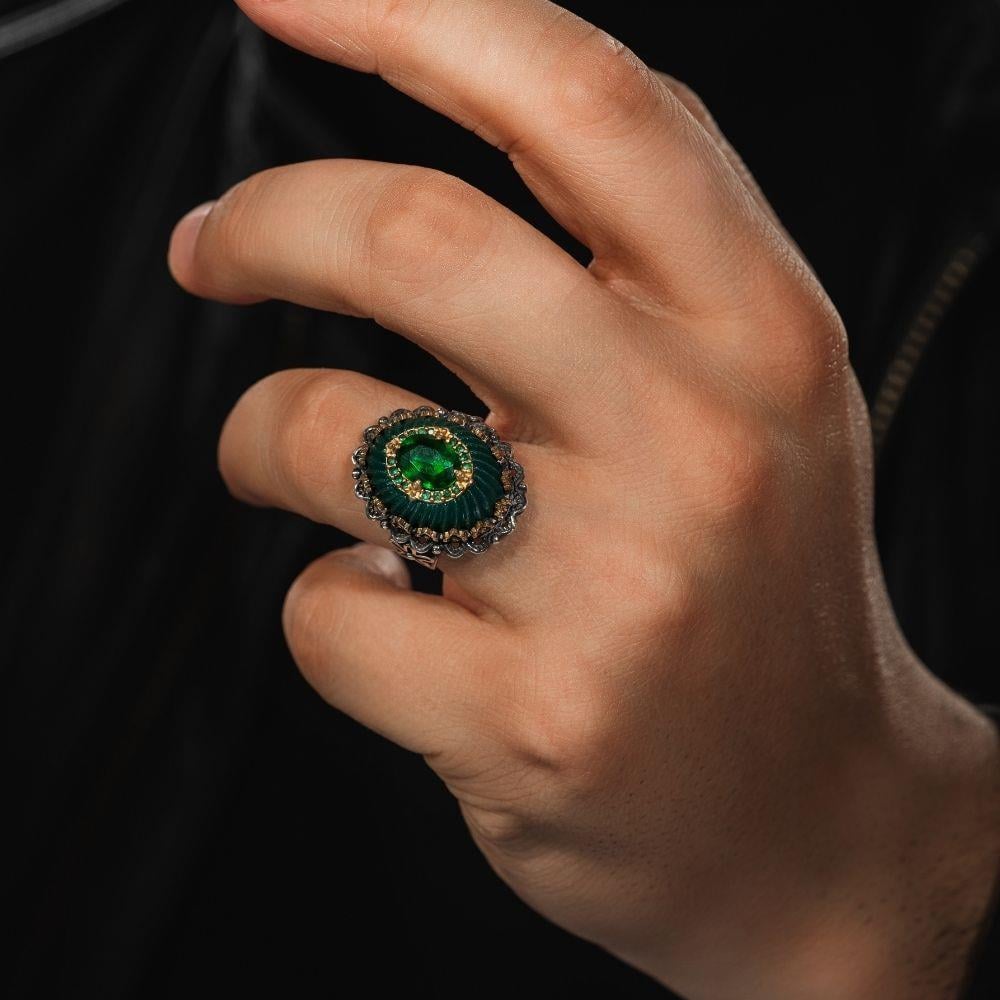 Yeşil El Oyması Kehribar Gümüş Yüzük