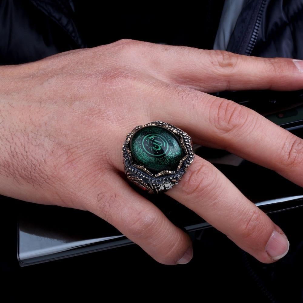 Yeşil Kehribar Ayetel Kürsi Gümüş Erkek YüzükAyetel Kürsi Yüzük