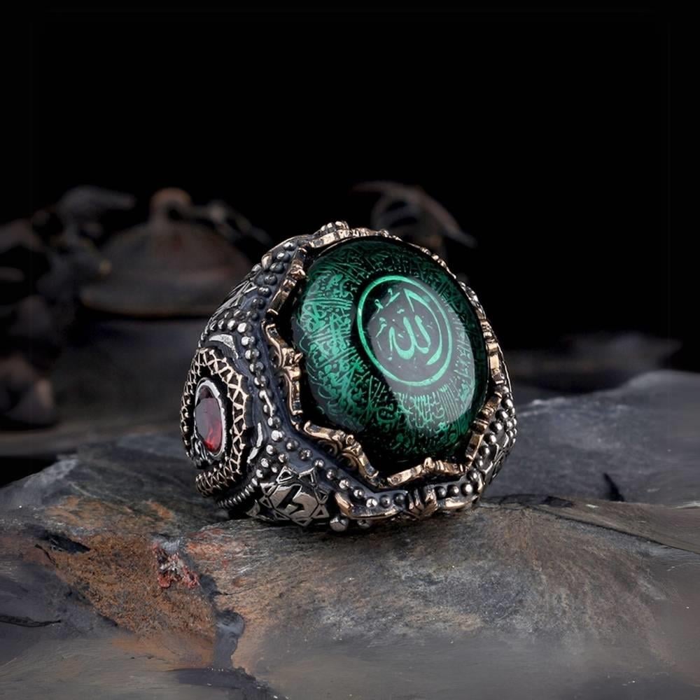 Yeşil Kehribar Ayetel Kürsi Gümüş Erkek YüzükAyetel Kürsi Yüzük