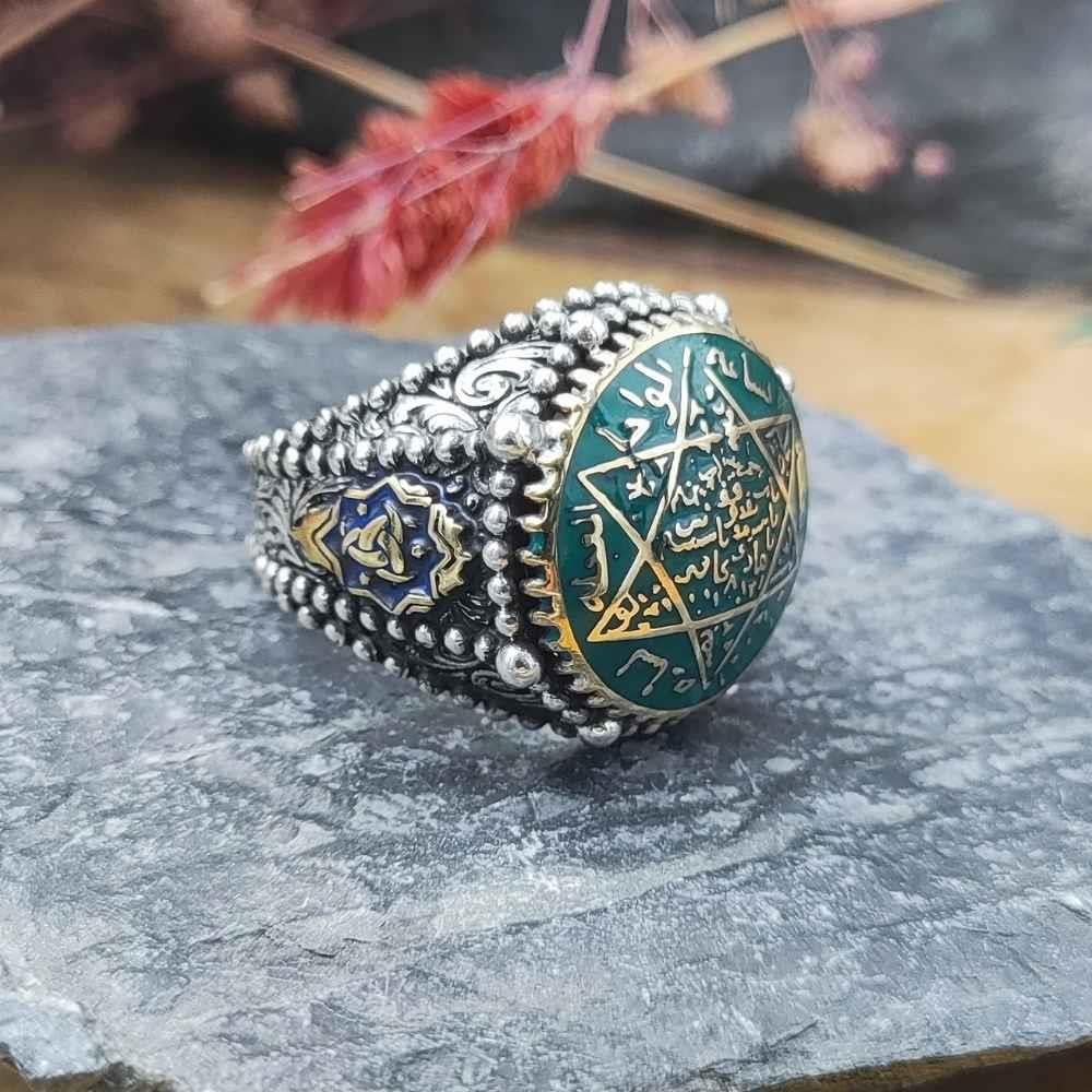 Yeşil Mineli Mührü Süleyman Gümüş YüzükSüleyman Mührü Yüzükler