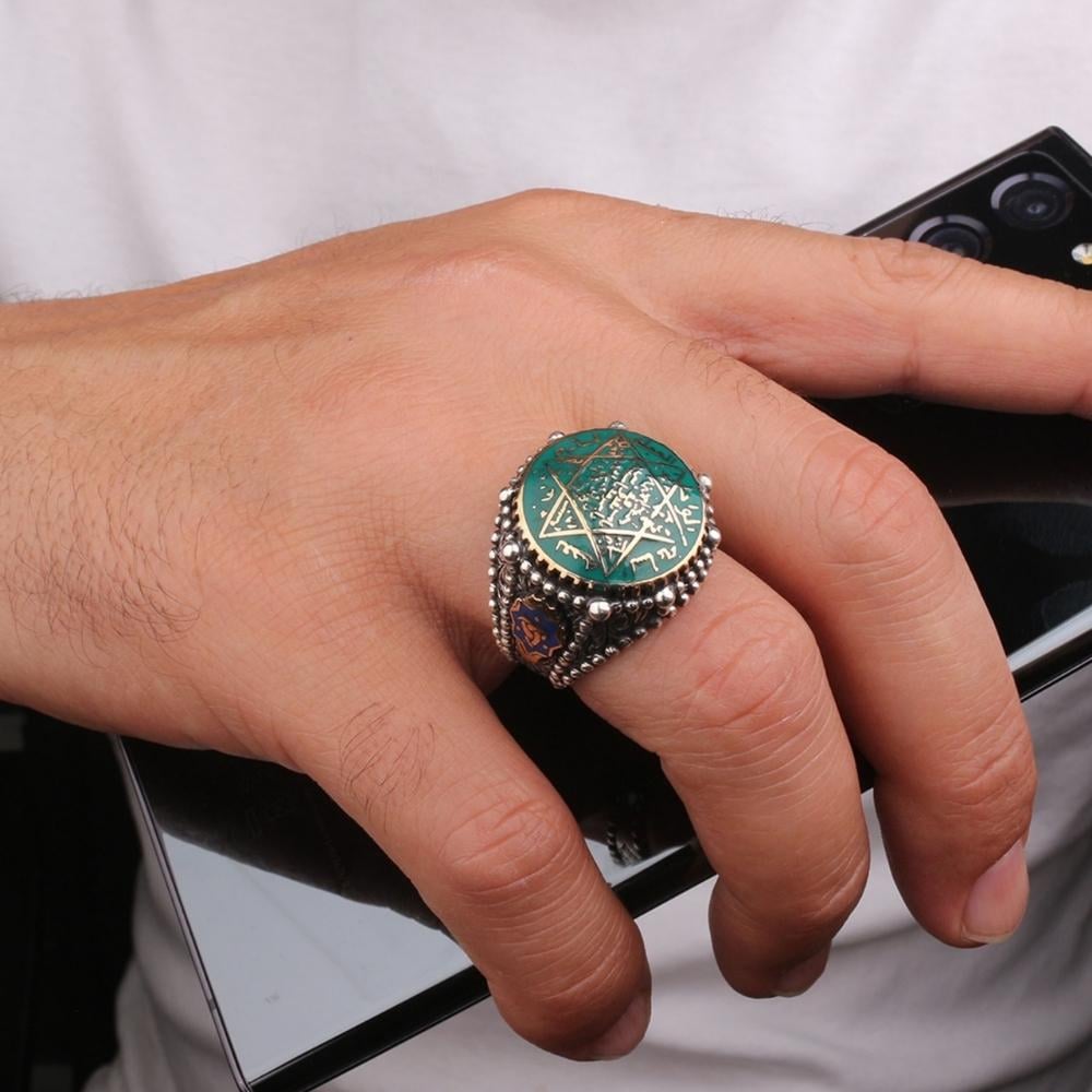 Yeşil Mineli Mührü Süleyman Gümüş YüzükSüleyman Mührü Yüzükler