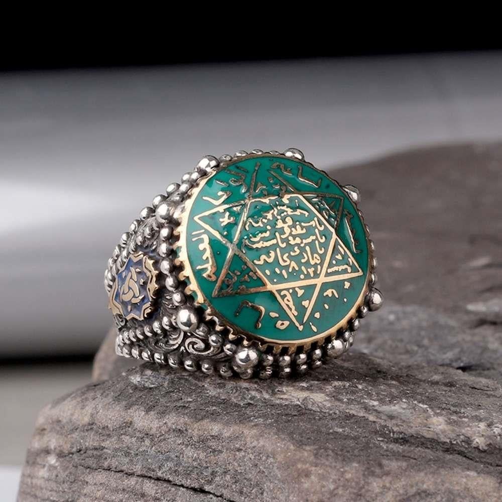 Yeşil Mineli Mührü Süleyman Gümüş YüzükSüleyman Mührü Yüzükler