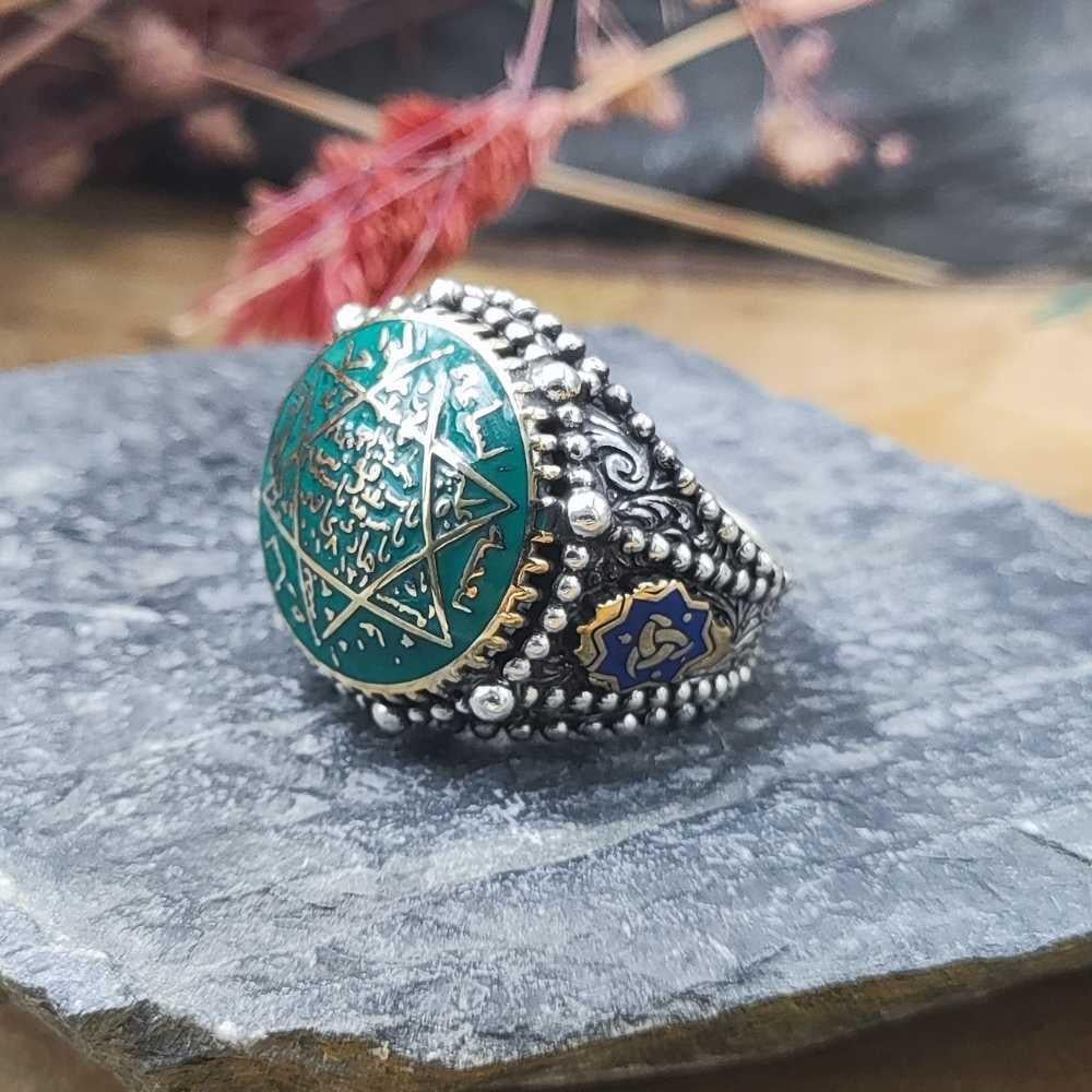 Yeşil Mineli Mührü Süleyman Gümüş YüzükSüleyman Mührü Yüzükler