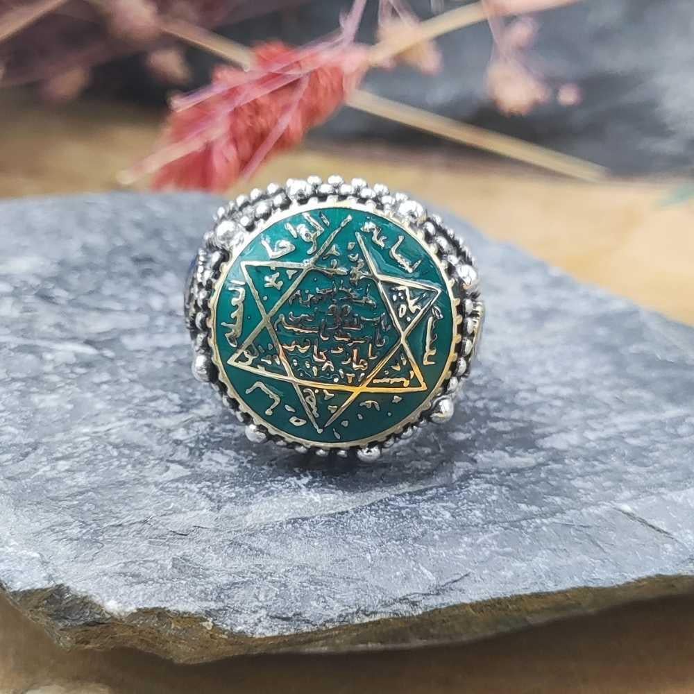 Yeşil Mineli Mührü Süleyman Gümüş YüzükSüleyman Mührü Yüzükler