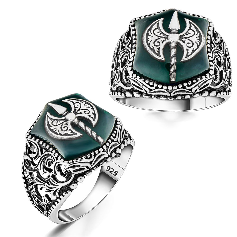 Yeşil Oniks Üzeri Balta Motifli Gümüş Yüzük