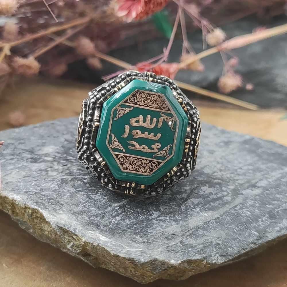 Yeşil Taş Üzeri Mührü Şerif Gümüş YüzükSüleyman Mührü Yüzükler