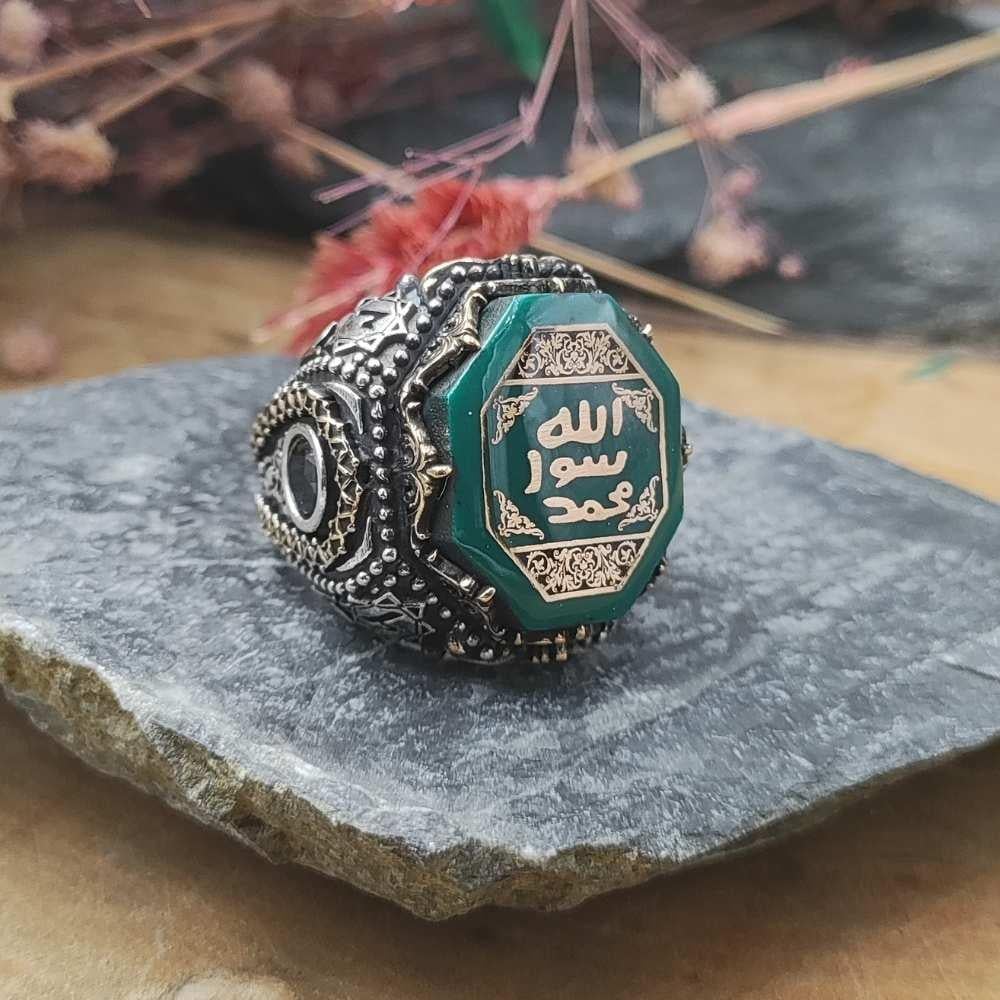 Yeşil Taş Üzeri Mührü Şerif Gümüş YüzükSüleyman Mührü Yüzükler