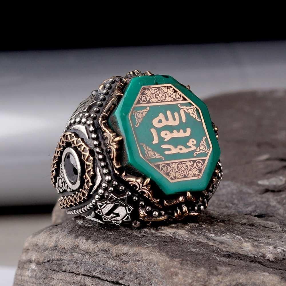 Yeşil Taş Üzeri Mührü Şerif Gümüş YüzükSüleyman Mührü Yüzükler