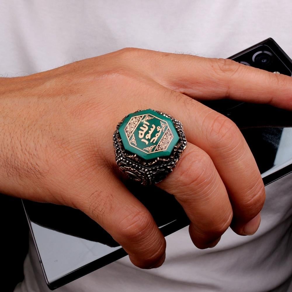 Yeşil Taş Üzeri Mührü Şerif Gümüş YüzükSüleyman Mührü Yüzükler