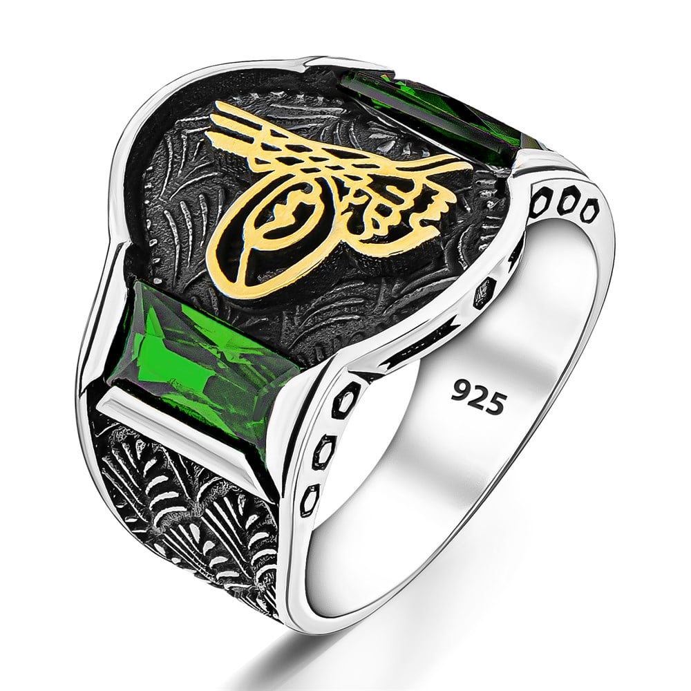 Yeşil Zirkon Taşlı Osmanlı Tuğralı Gümüş Erkek Yüzük