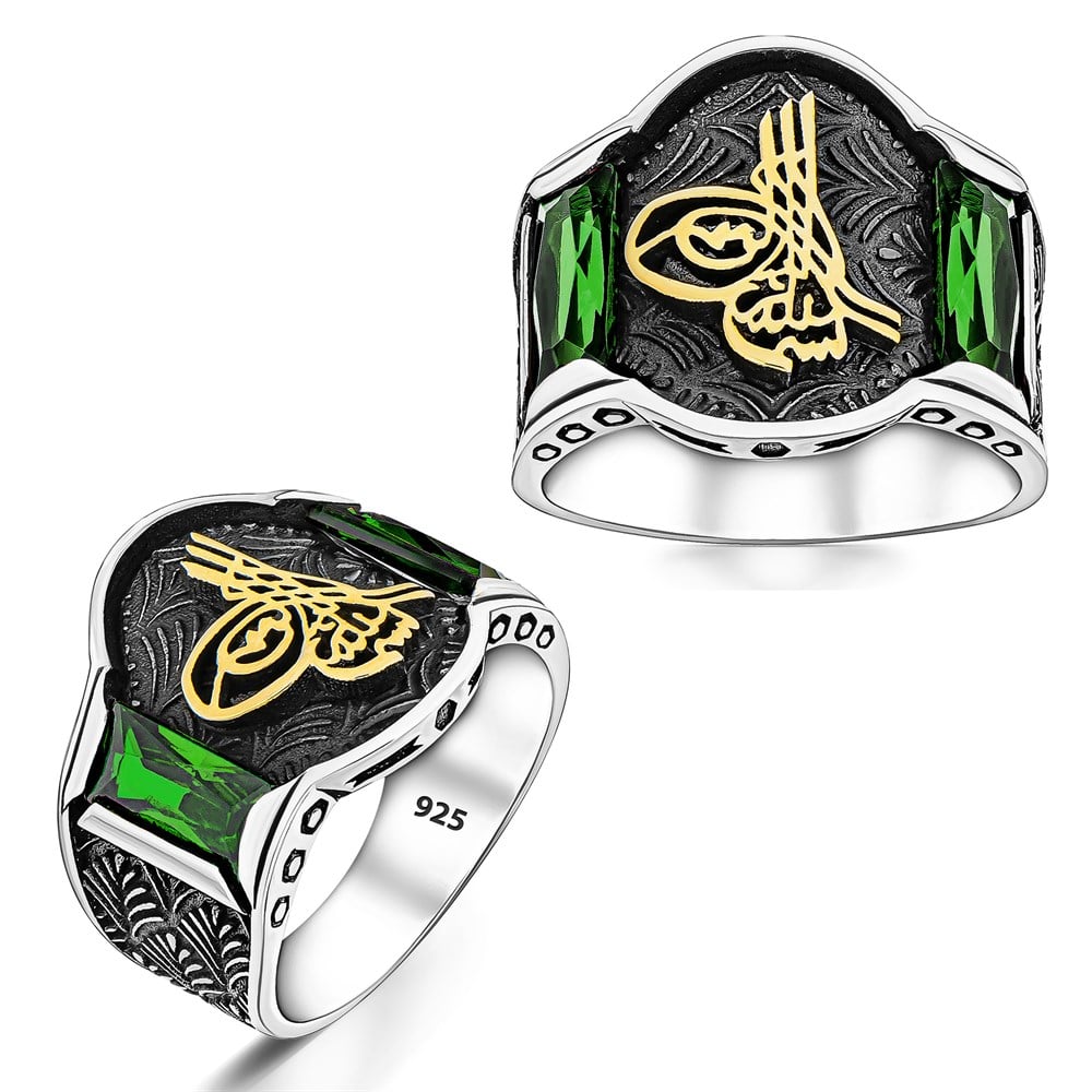 Yeşil Zirkon Taşlı Osmanlı Tuğralı Gümüş Erkek Yüzük