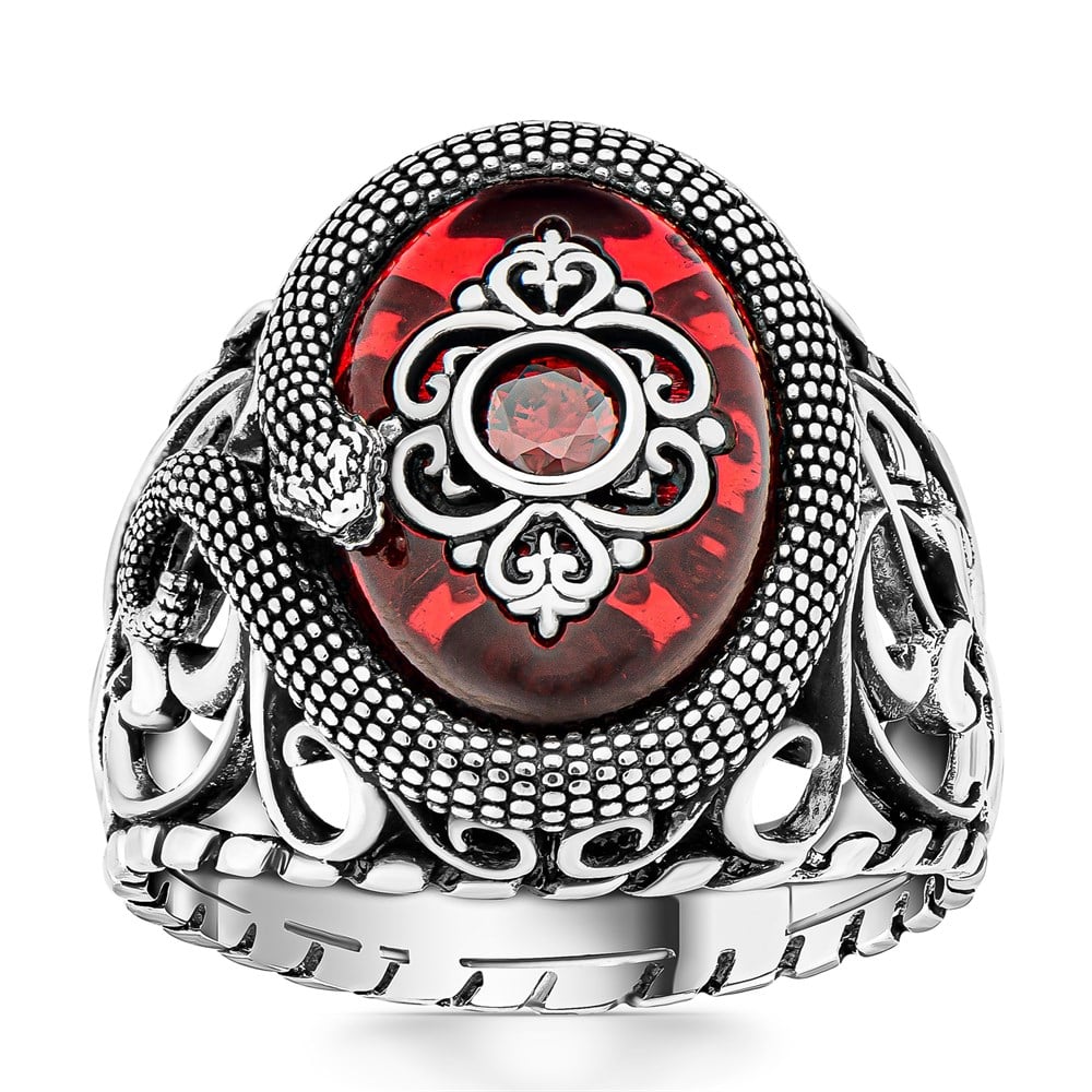Yılan Motifli Kırmızı Oniks Taşlı Gümüş Erkek Yüzük