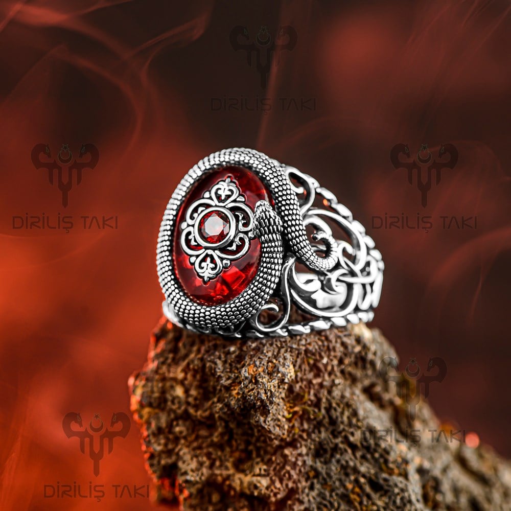 Yılan Motifli Kırmızı Oniks Taşlı Gümüş Erkek Yüzük 