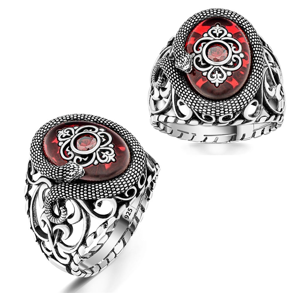 Yılan Motifli Kırmızı Oniks Taşlı Gümüş Erkek Yüzük