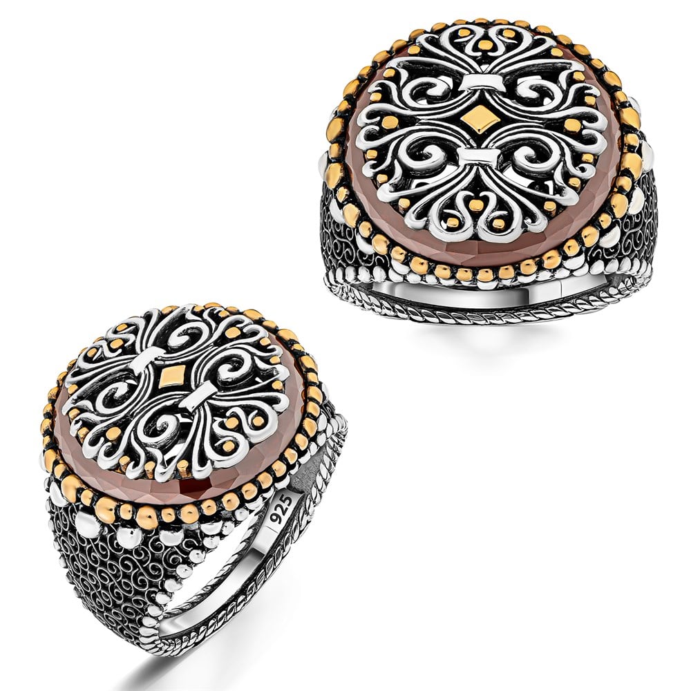 Yuvarlak Kırmızı Zirkon Taşlı Üzeri Motifli Gümüş Erkek Yüzük