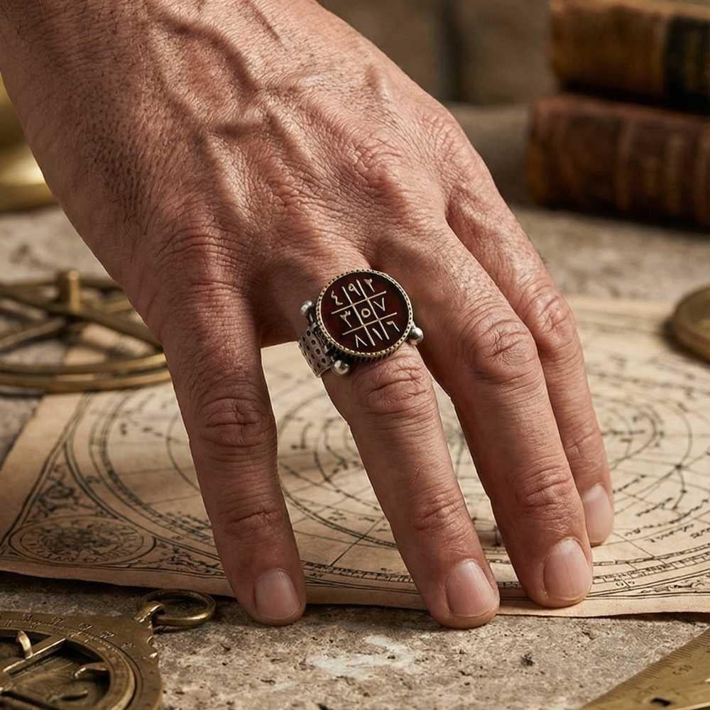 Yuvarlak Mineli Ebced Hesaplı Gümüş Erkek YüzükEbced Hesabı Yüzük