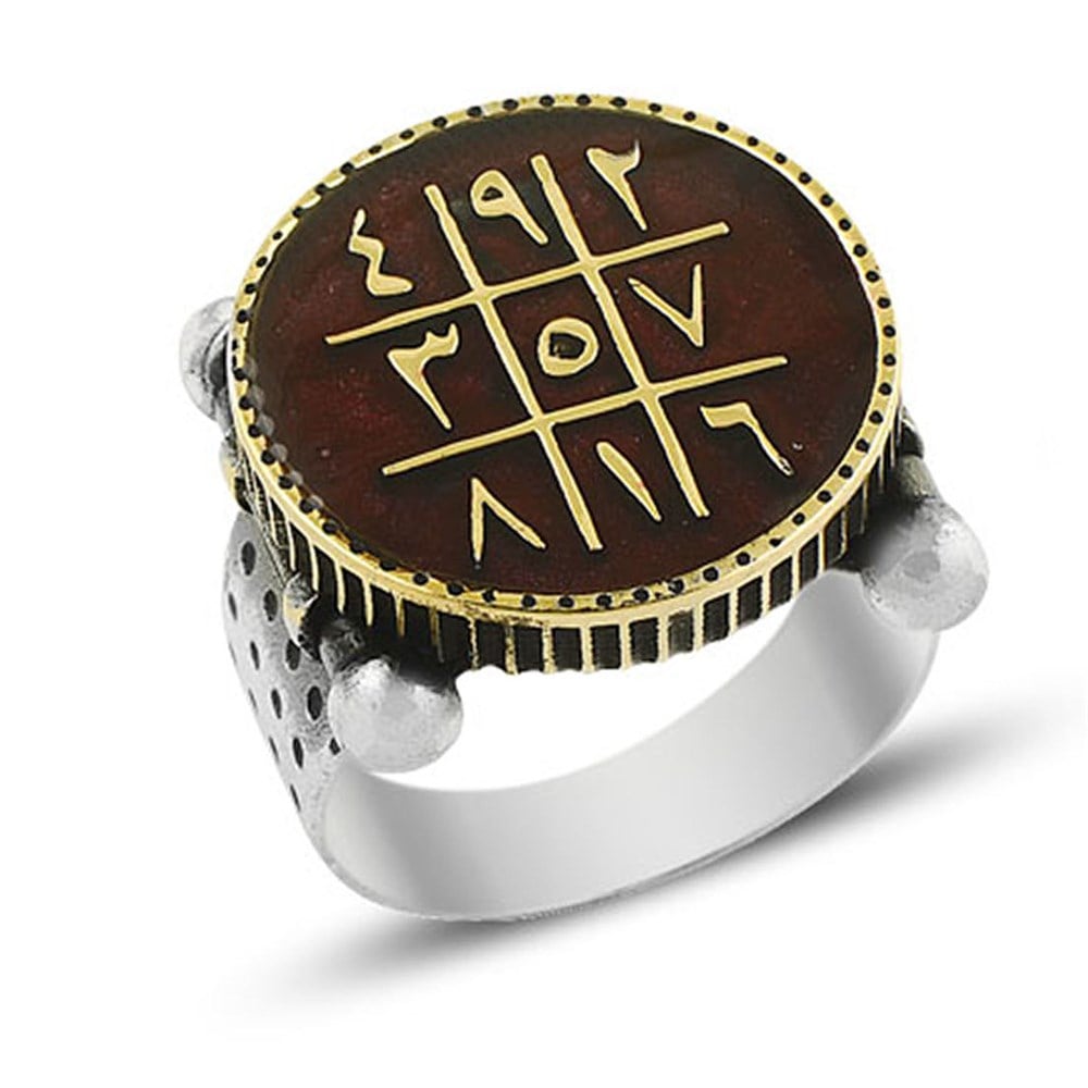 Yuvarlak Mineli Ebced Hesaplı Gümüş Erkek Yüzük