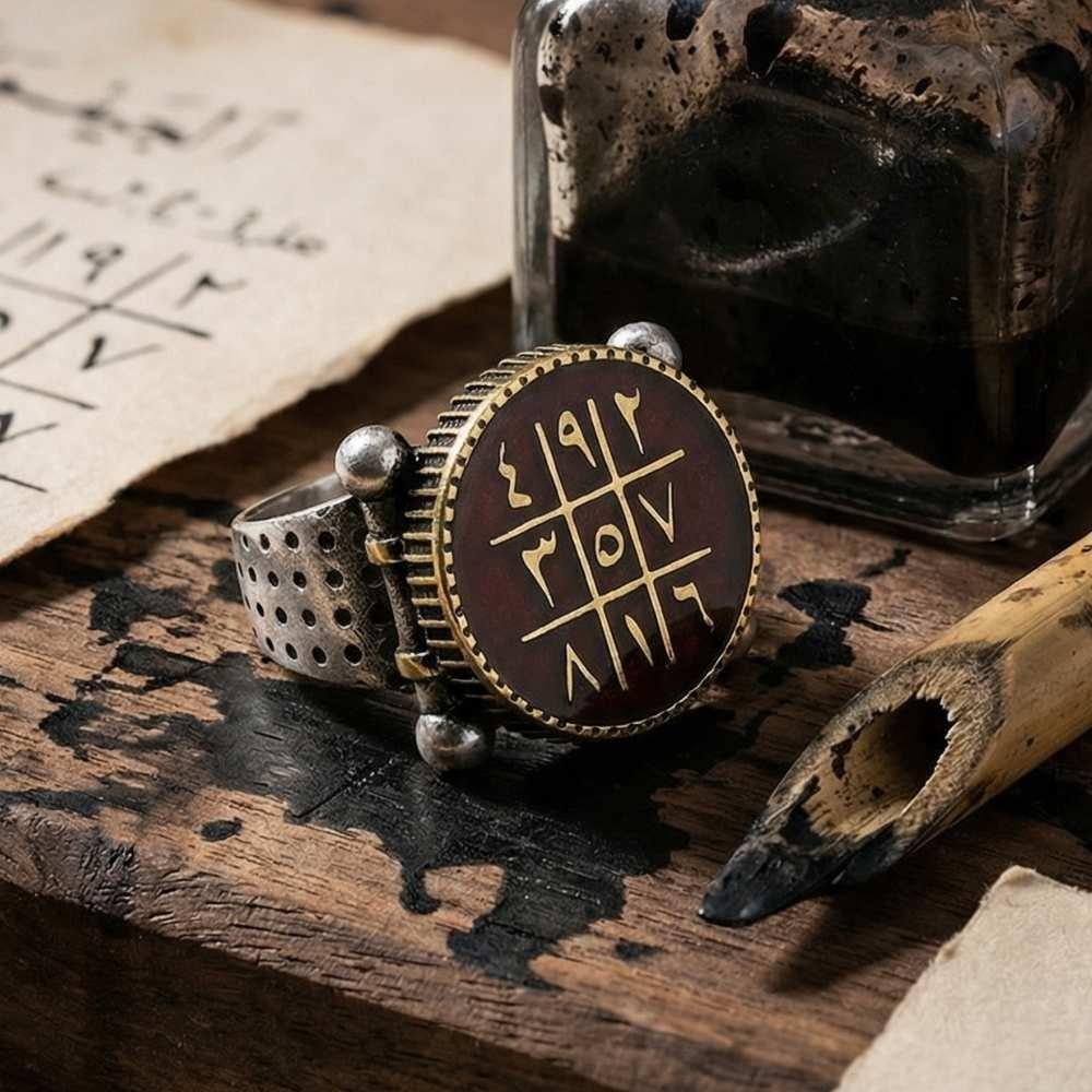 Yuvarlak Mineli Ebced Hesaplı Gümüş Erkek YüzükEbced Hesabı Yüzük