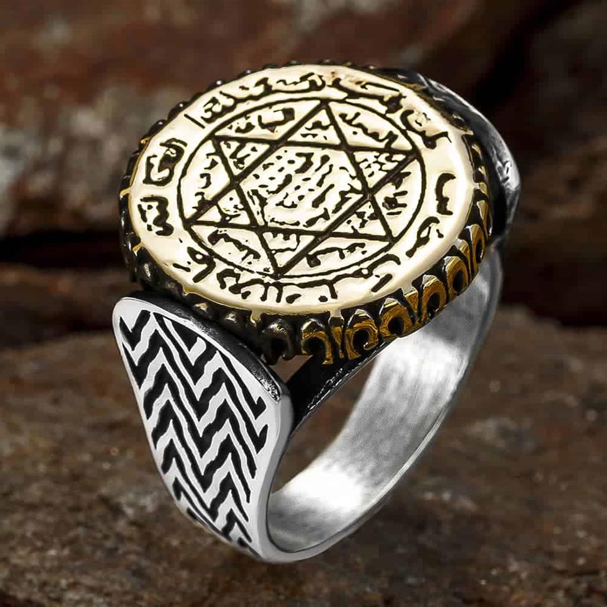 Yuvarlak Plaka Üzeri Süleyman Mührü İşlemeli Gümüş Yüzük